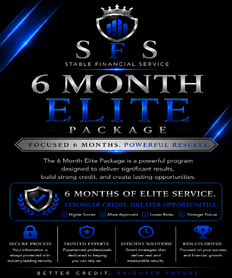 Advertisement for Stable Financial Service's 6 Month Elite Package with branding and promotional text.
