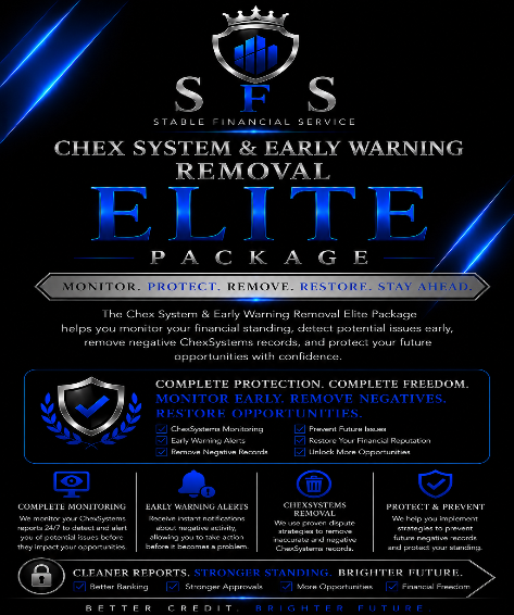 Promotional graphic for Stable Financial Service's Chex System & Early Warning Removal Elite Package with blue and black design.