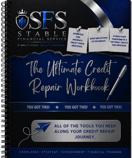 Credit repair workbook with SFS Stable Financial Services branding on a dark blue background