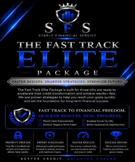 Promotional graphic for Stable Financial Service's Fast Track Elite Package with blue and silver design elements.