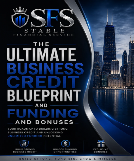 Book cover of 'The Ultimate Business Credit Blueprint and Funding' with a city skyline in the background.