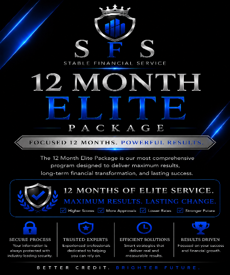 Advertisement for Stable Financial Service's 12 Month Elite Package with blue and silver design elements.