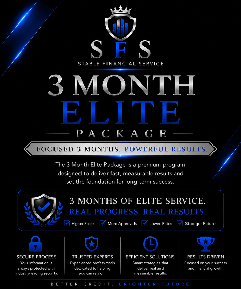 Advertisement for Stable Financial Service's 3 Month Elite Package with blue and white text on a black background.