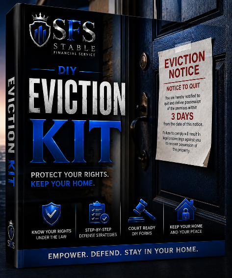 Eviction notice on a door with 'SFS Stable Financial Service' eviction kit packaging.