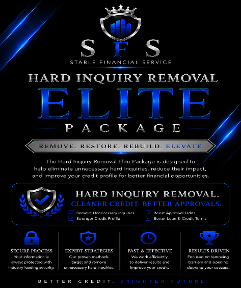 Advertisement for Stable Financial Service's Hard Inquiry Removal Elite Package on a dark background with blue accents.