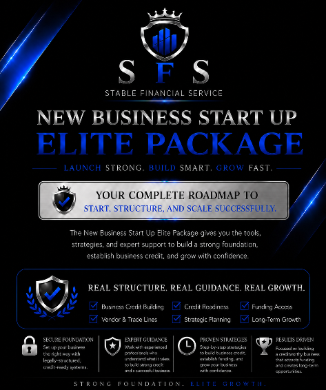 Promotional graphic for Stable Financial Service's New Business Start Up Elite Package on a dark background.