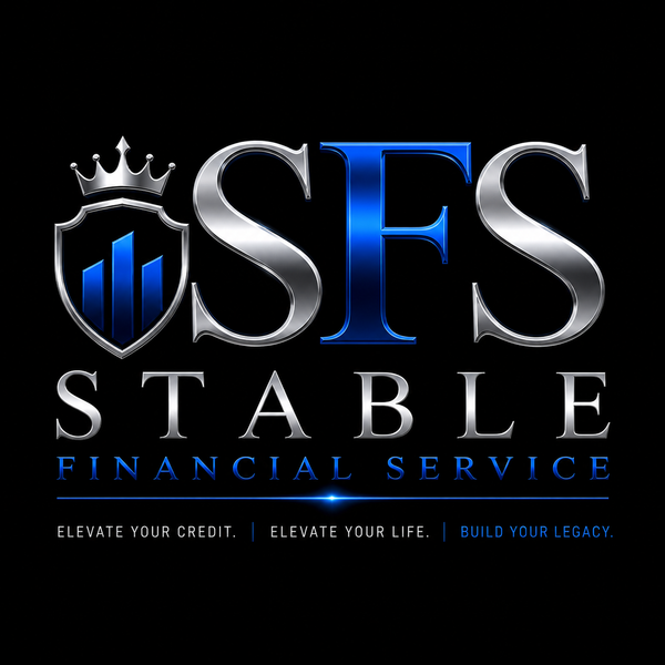 Logo of Stable Financial Service with shield and crown emblem on a black background