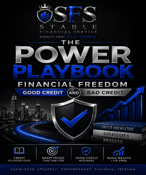 Promotional graphic for 'The Power Playbook' by Stable Financial Service with cityscape background